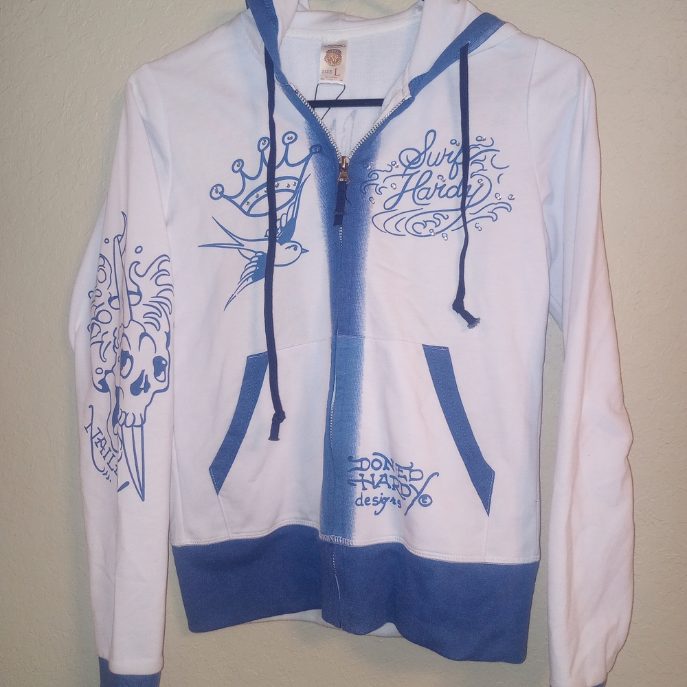 Ed Hardy Blue and White Graphic Hoodie